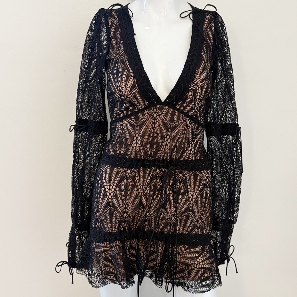 For Love & Lemons Bright Lights Long Sleeve Mini Dress in Black & Nude Lace
